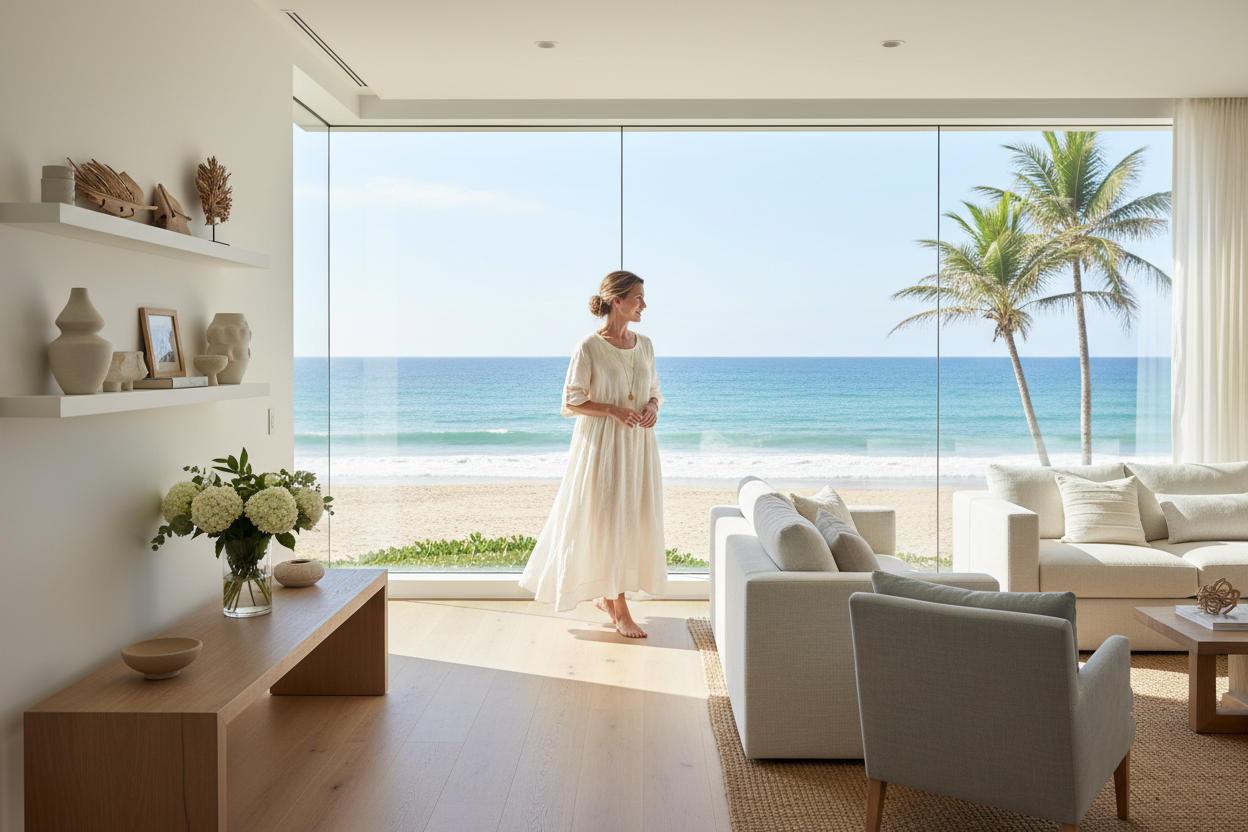 but make it by the beach and a mom who is clean sophisticated and relaxed and made a beautiful home